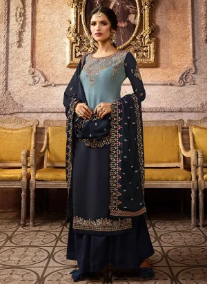 Blue Two Tone Embroidered Palazzo Suit