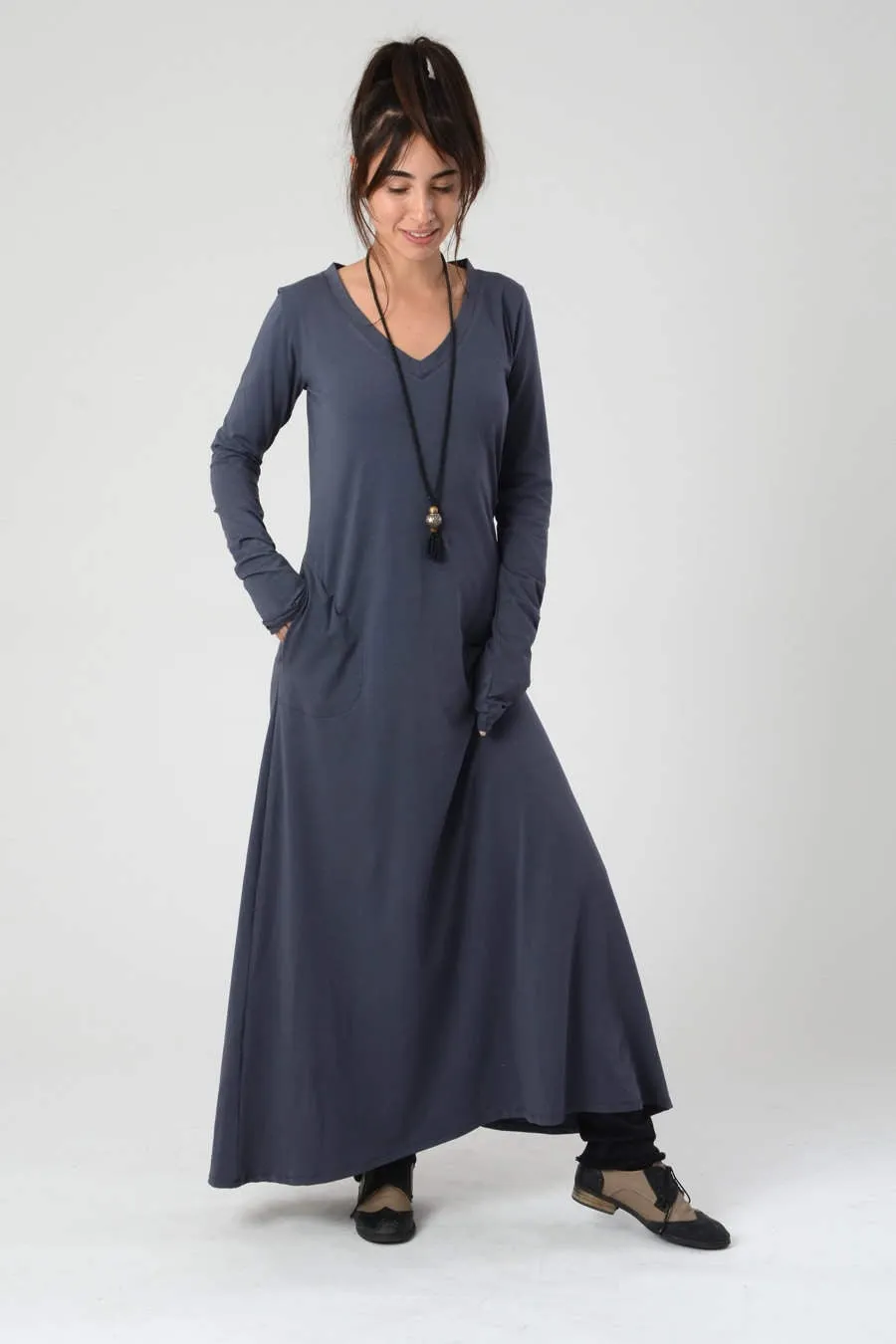 Blue V Neck Maxi Dress