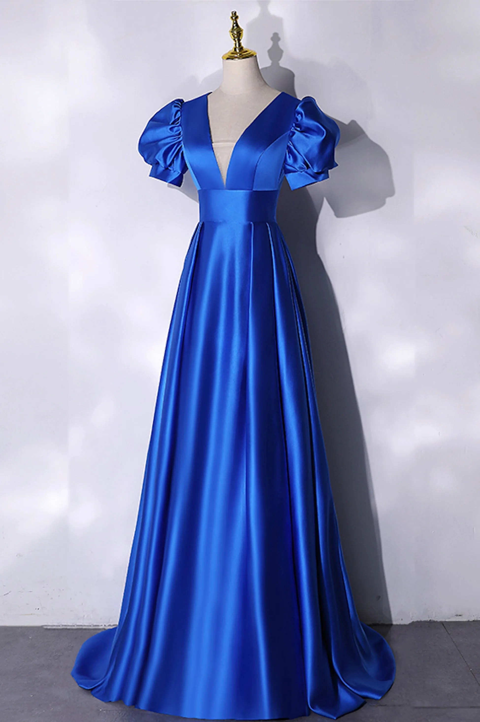 Blue V-Neck Satin Long Prom Dress, Simple Blue Evening Party Dress