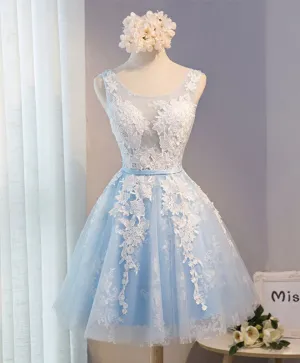 Blue V Neck Tulle Short Prom Dress, Blue Homecoming Dresses