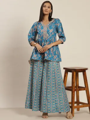 Blue Viscose Rayon Blend Digital Printed Peplum Top and Palazzo Co-Ord Set