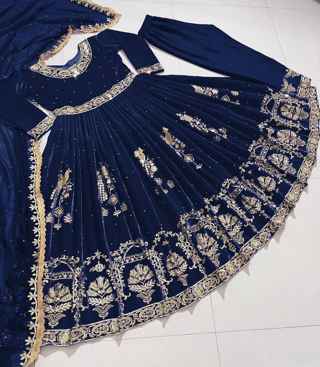 Blue Viscose Velvet Embroidery Gown With Dupatta Set