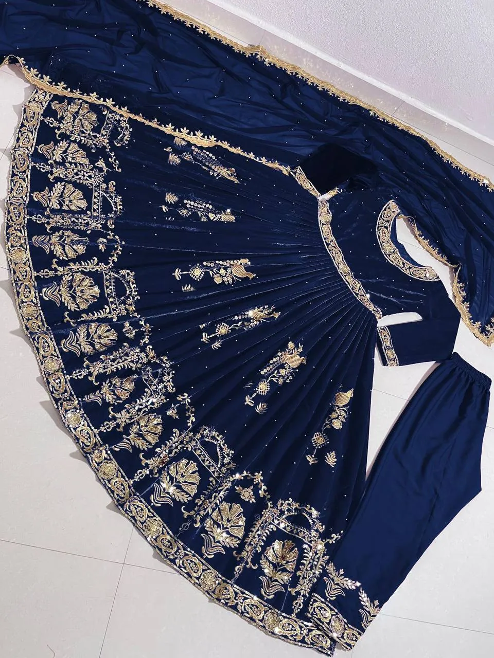 Blue Viscose Velvet Embroidery Gown With Dupatta Set