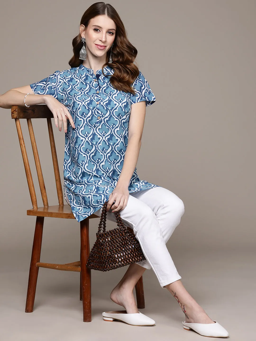 Blue White Ethnic Printed Kurti