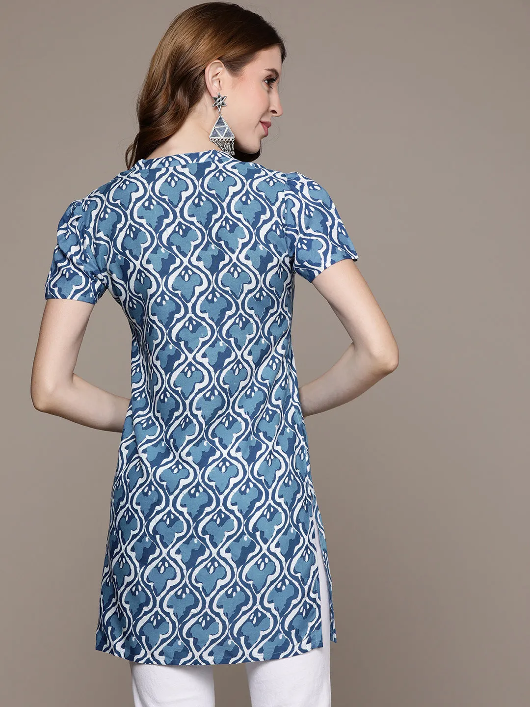 Blue White Ethnic Printed Kurti