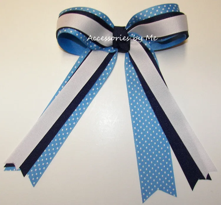 Blue White Polka Dots Ponytail Bow