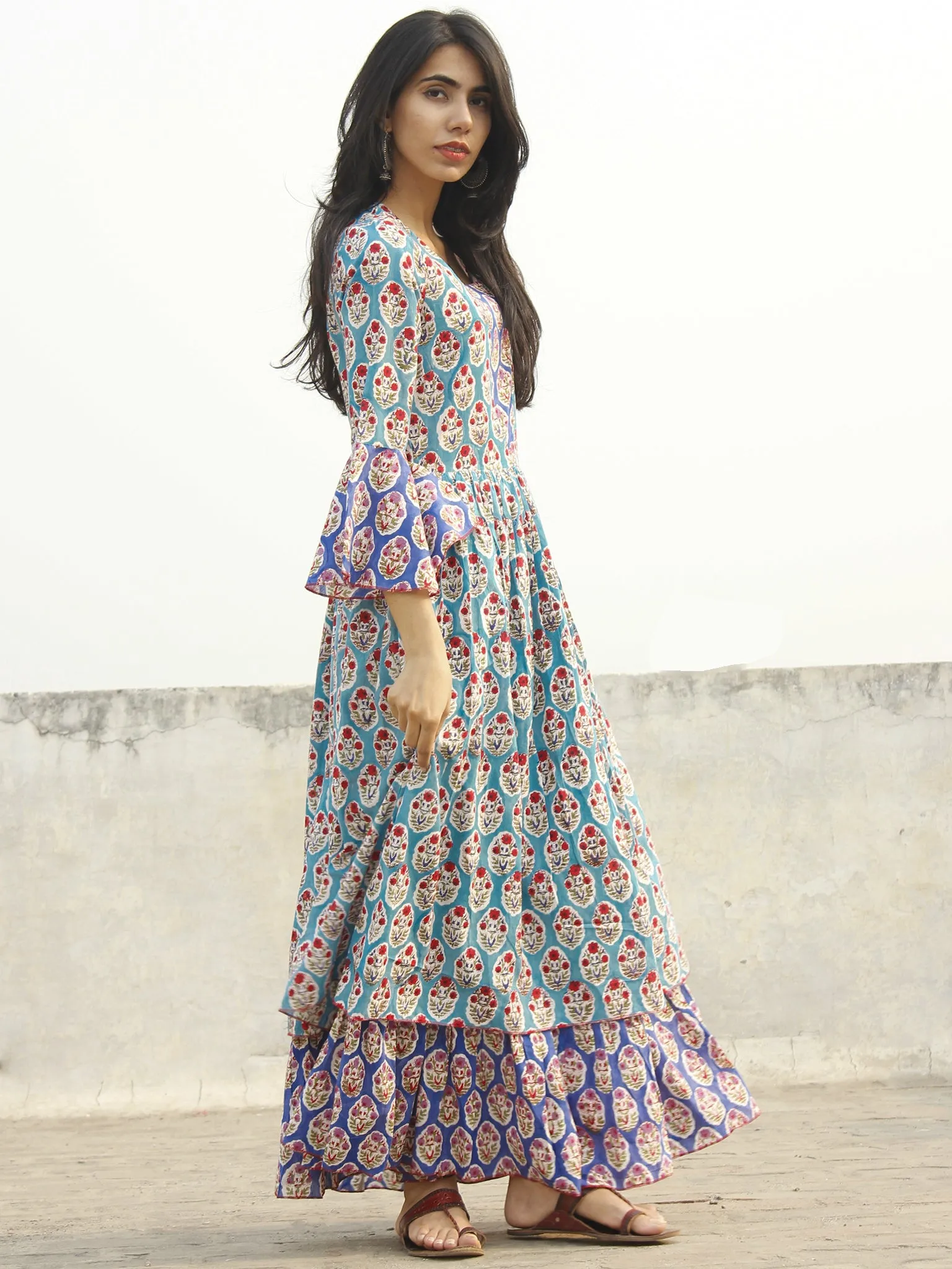 Blue White Red Green Indigo Long Hand Block Cotton Layered Dress With Bell Sleeves  - D142F1072