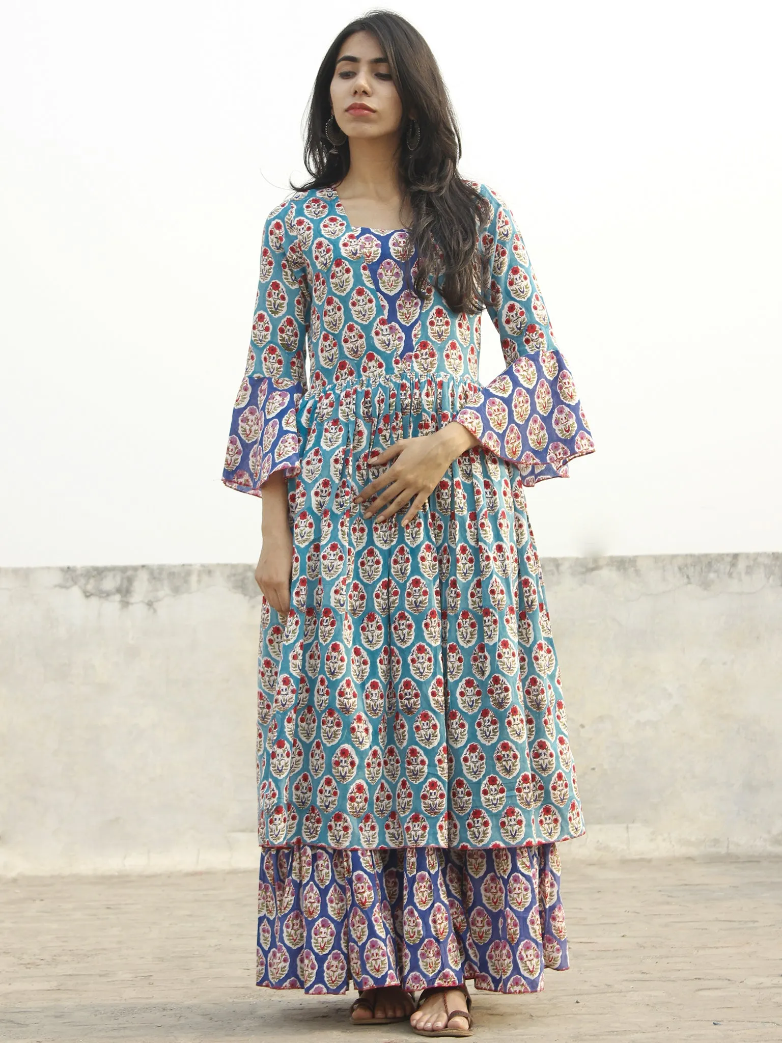 Blue White Red Green Indigo Long Hand Block Cotton Layered Dress With Bell Sleeves  - D142F1072