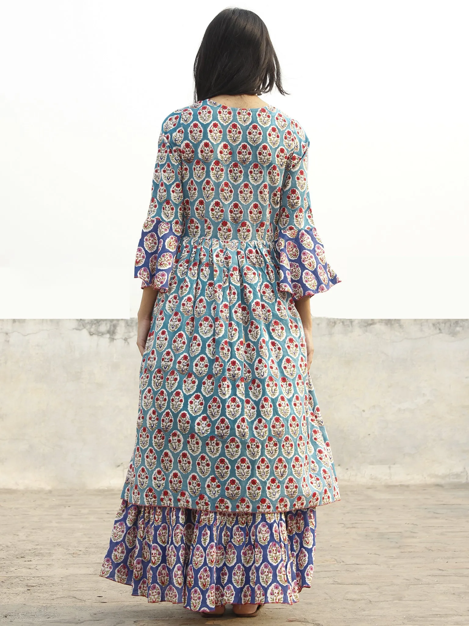 Blue White Red Green Indigo Long Hand Block Cotton Layered Dress With Bell Sleeves  - D142F1072