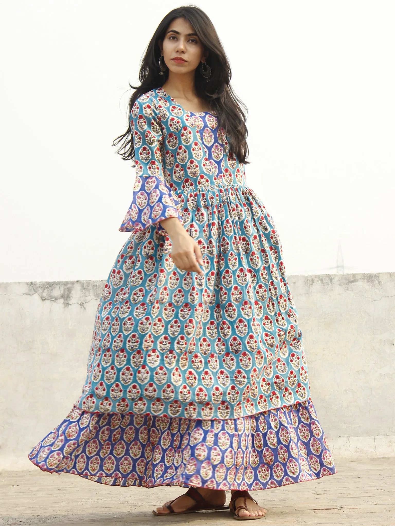 Blue White Red Green Indigo Long Hand Block Cotton Layered Dress With Bell Sleeves  - D142F1072