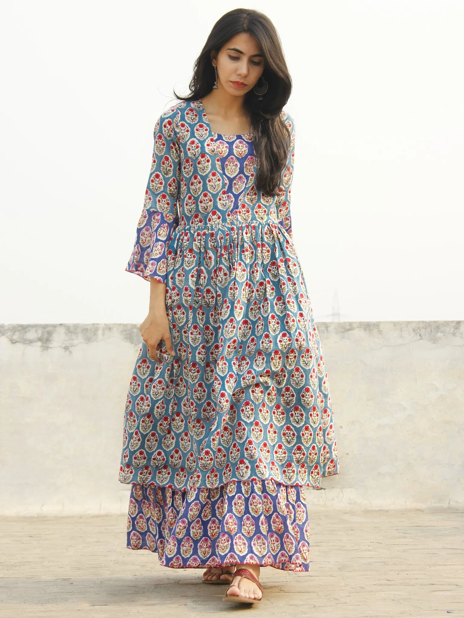 Blue White Red Green Indigo Long Hand Block Cotton Layered Dress With Bell Sleeves  - D142F1072