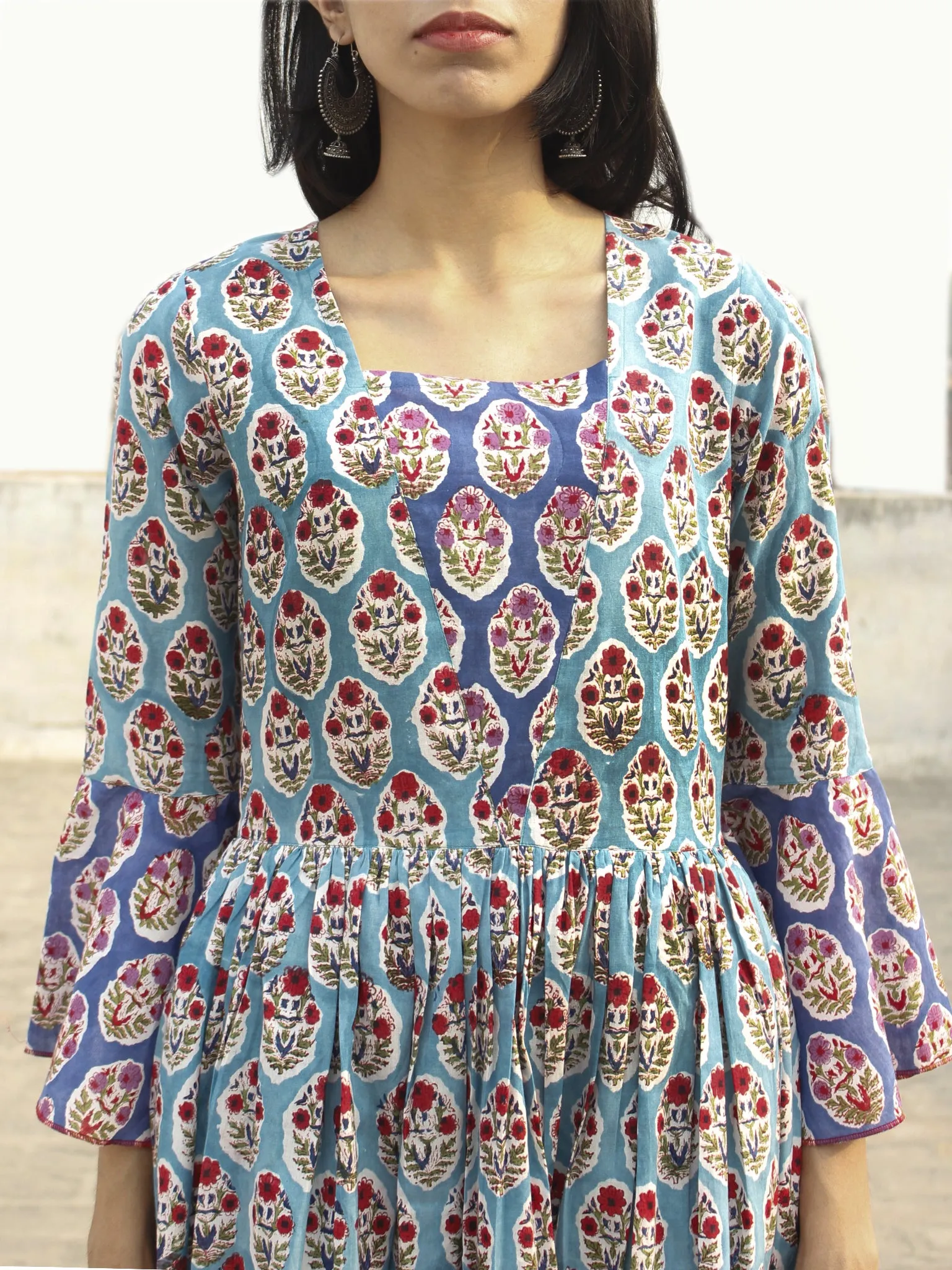 Blue White Red Green Indigo Long Hand Block Cotton Layered Dress With Bell Sleeves  - D142F1072