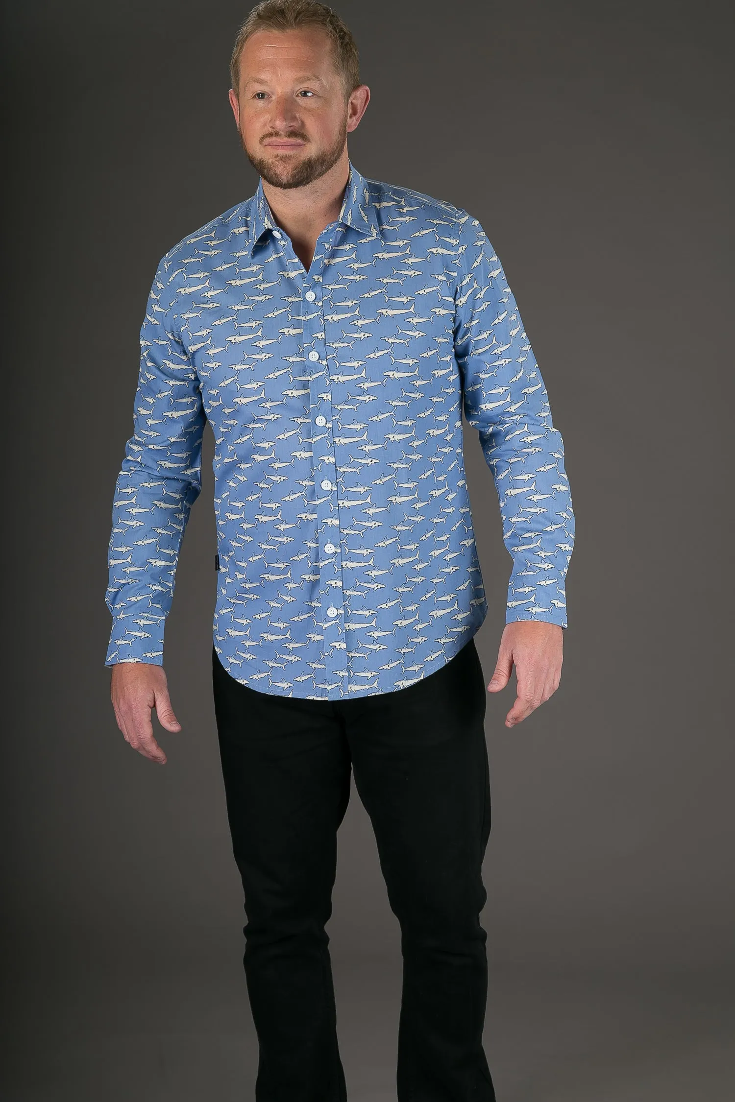 Blue White Sharks Print Cotton Slim Fit Mens Shirt Long Sleeve