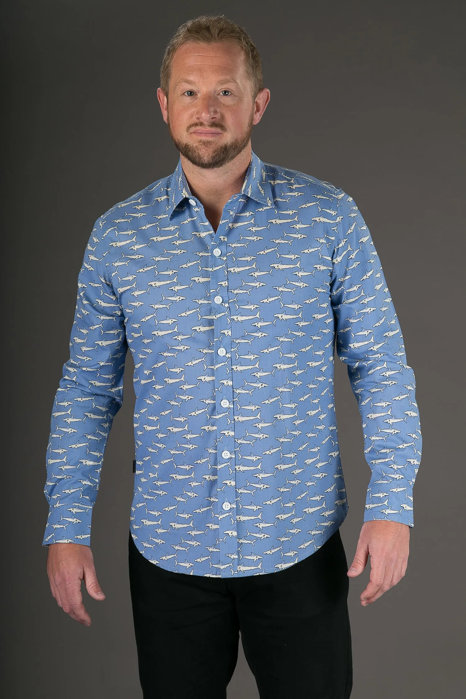 Blue White Sharks Print Cotton Slim Fit Mens Shirt Long Sleeve