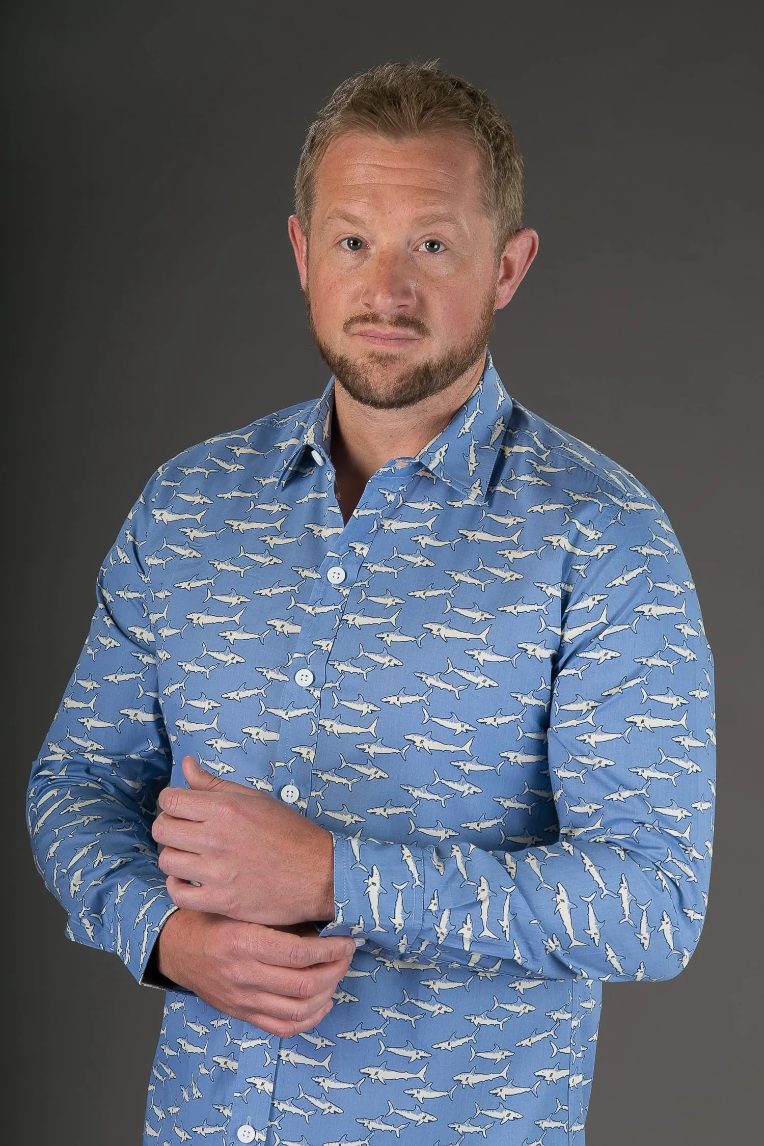 Blue White Sharks Print Cotton Slim Fit Mens Shirt Long Sleeve