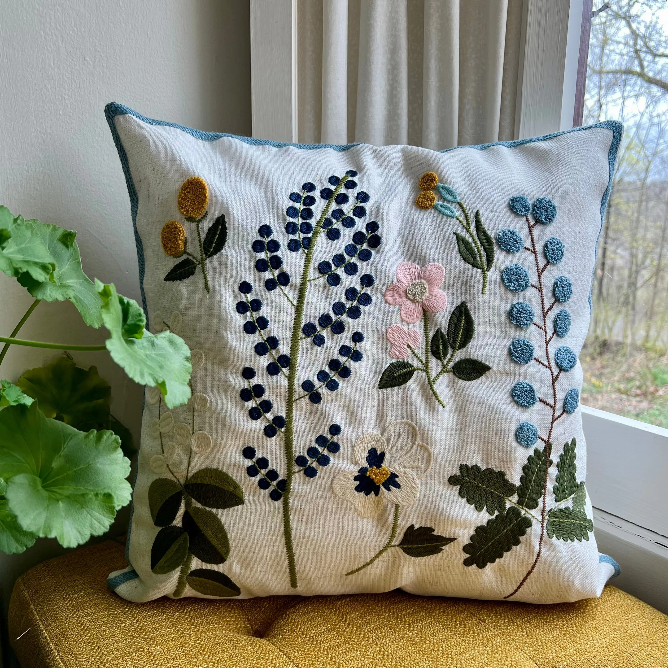 Blue Wildflower Embroidered Pillow Cover