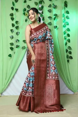 Blue with Brown Patola Printed Woven Saree