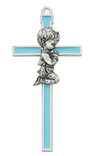 Blue With Silver Color Trim Praying Baby Boy Wall Cross 5 Inches