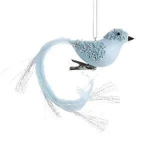 Blue With Silver Glitter Long Tail Bird With Clip Ornament