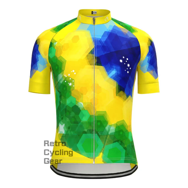 Blue Yellow Green Glazed Short Sleeves Cycling Jersey