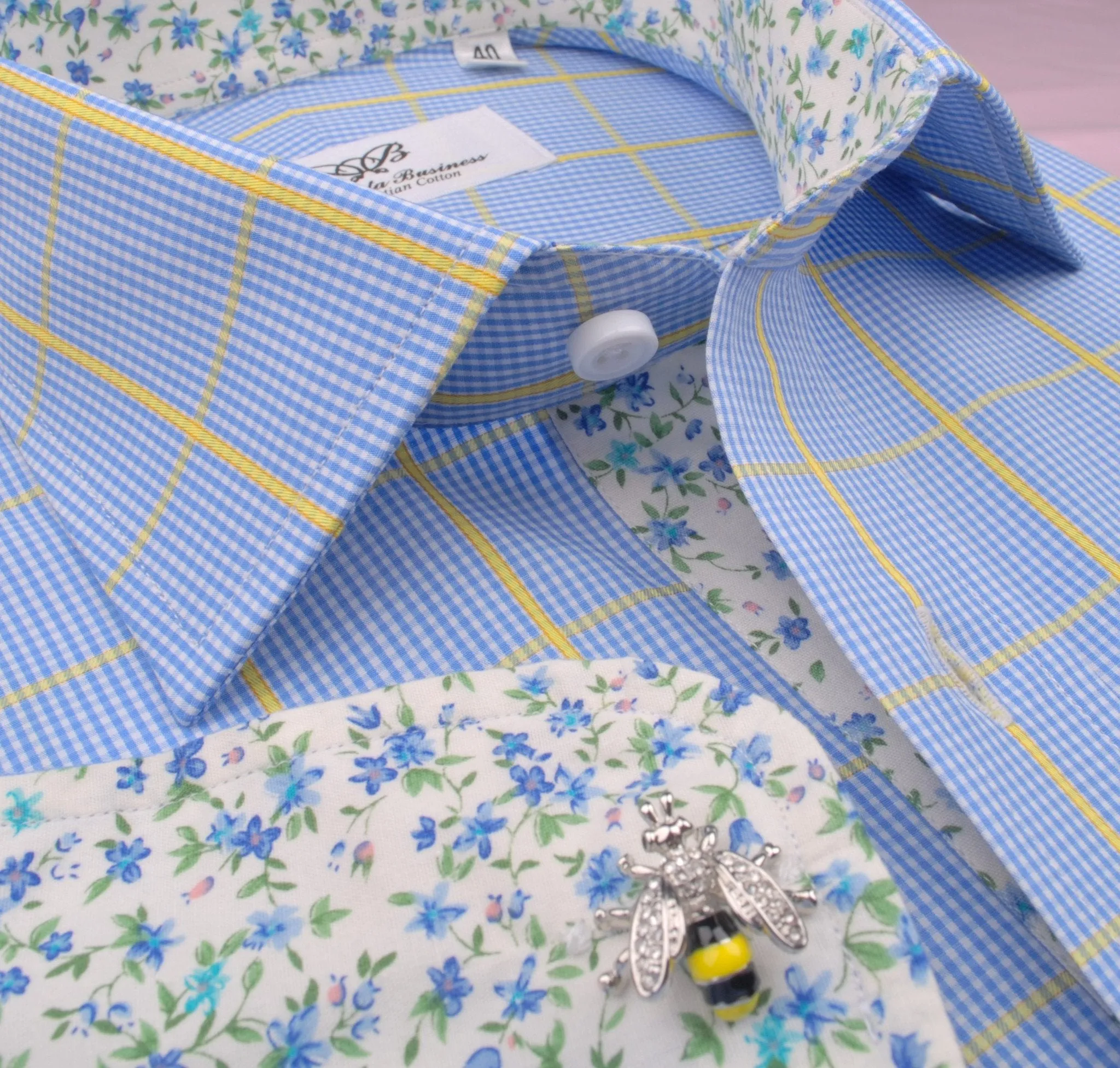 Blue Yellow Plaids & Checks Formal Business Dress Shirt Floral Fashion