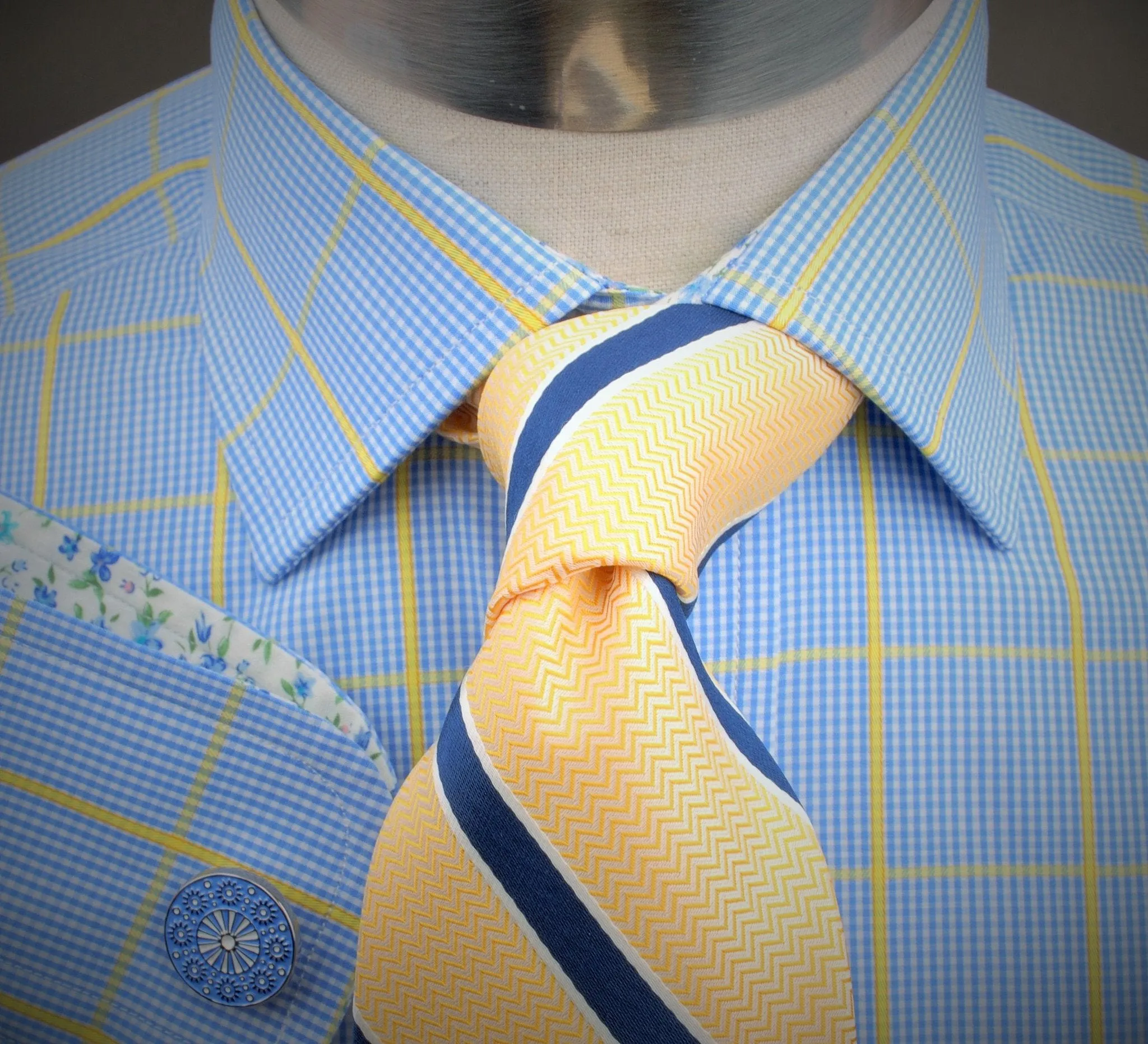 Blue Yellow Plaids & Checks Formal Business Dress Shirt Floral Fashion