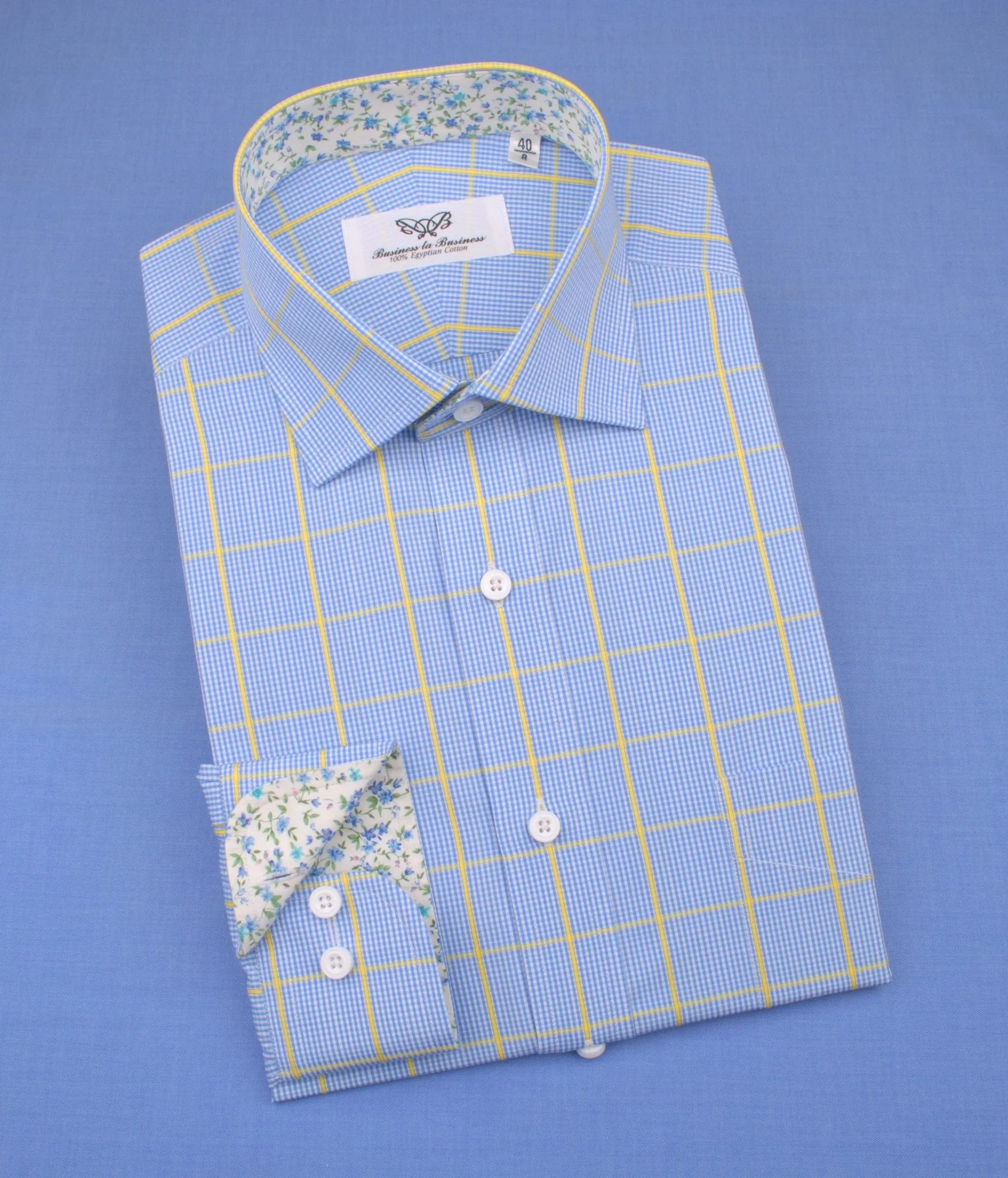 Blue Yellow Plaids & Checks Formal Business Dress Shirt Floral Fashion