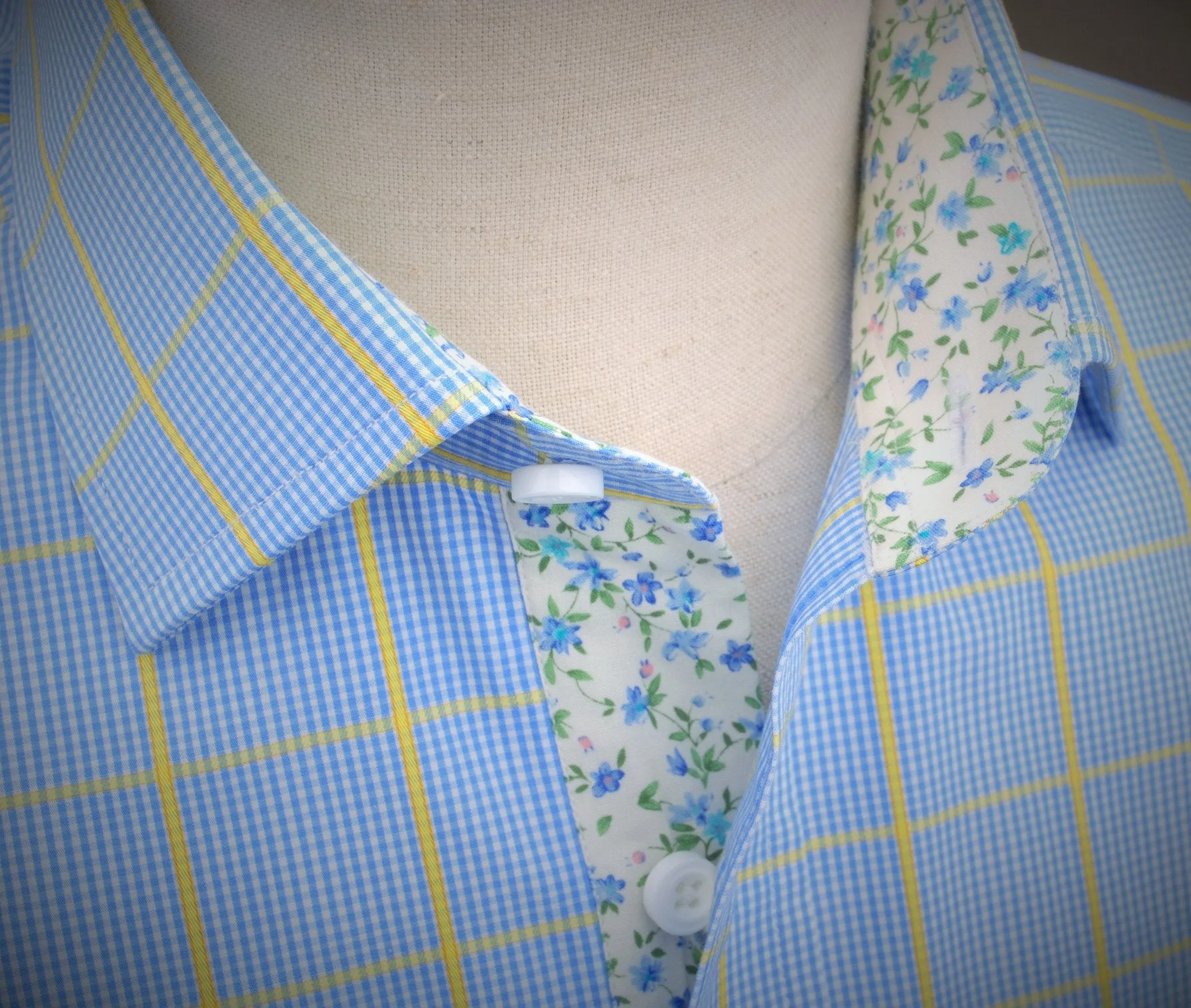 Blue Yellow Plaids & Checks Formal Business Dress Shirt Floral Fashion