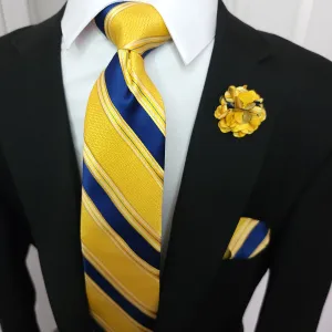 Blue Yellow Striped Silk Tie Pocket Square Cufflinks Set