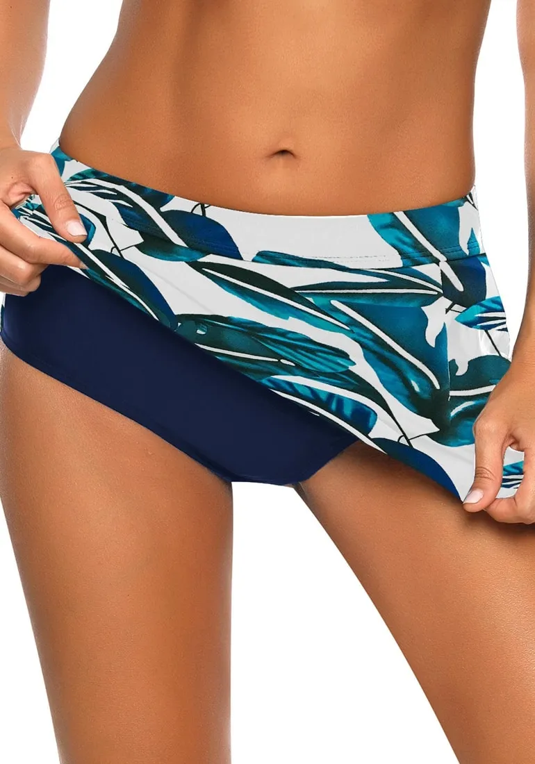 Blue Zipper-Pocket Waistband Leaves-Print Skirted Bikini Bottom