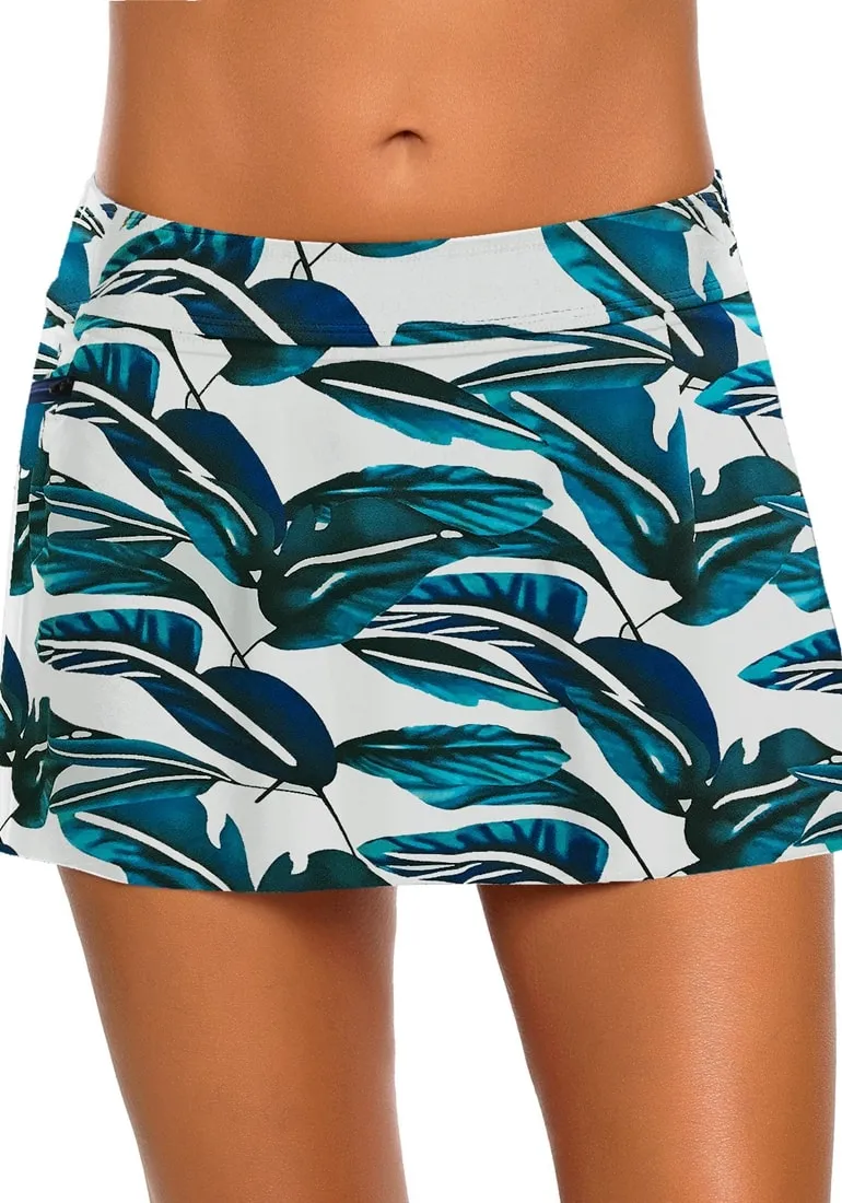 Blue Zipper-Pocket Waistband Leaves-Print Skirted Bikini Bottom