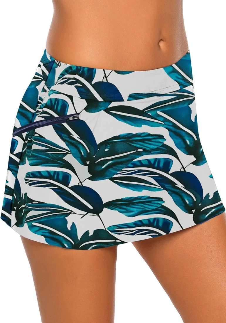 Blue Zipper-Pocket Waistband Leaves-Print Skirted Bikini Bottom