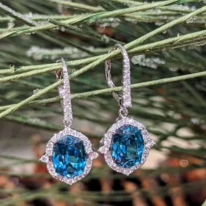 Blue Zircon Halo Dangle Earrings