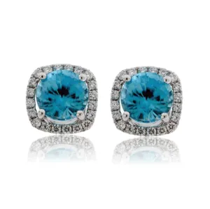 Blue Zircon Post Earrings with Diamond Halo