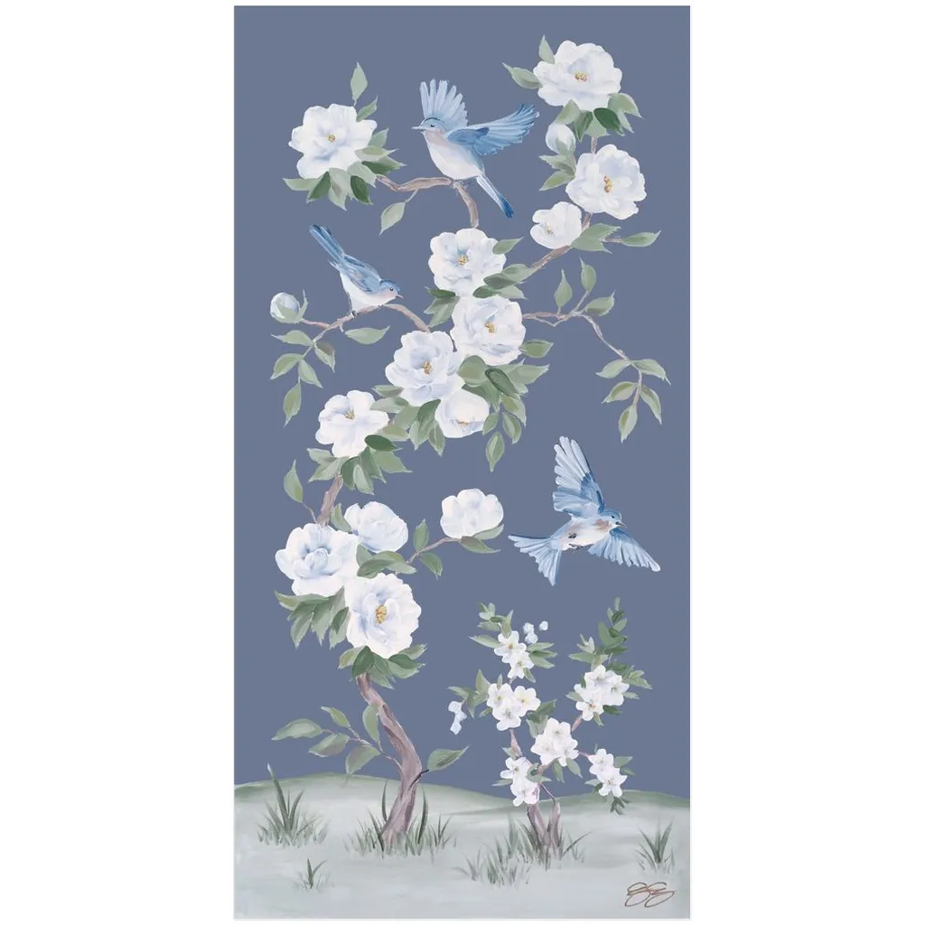 Bluebirds and Peonies, a dark blue chinoiserie fine art print