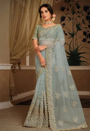 Bluish Grey Embroidered Saree