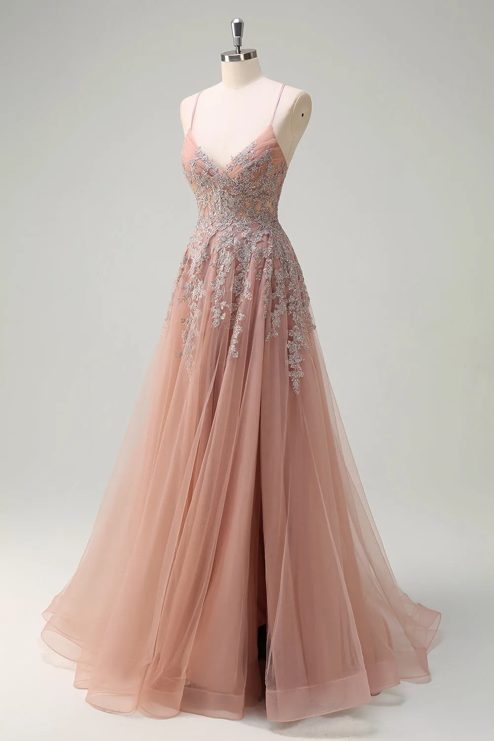 Blush A Line Appliqued Slit Prom Dress with Lace-up Back