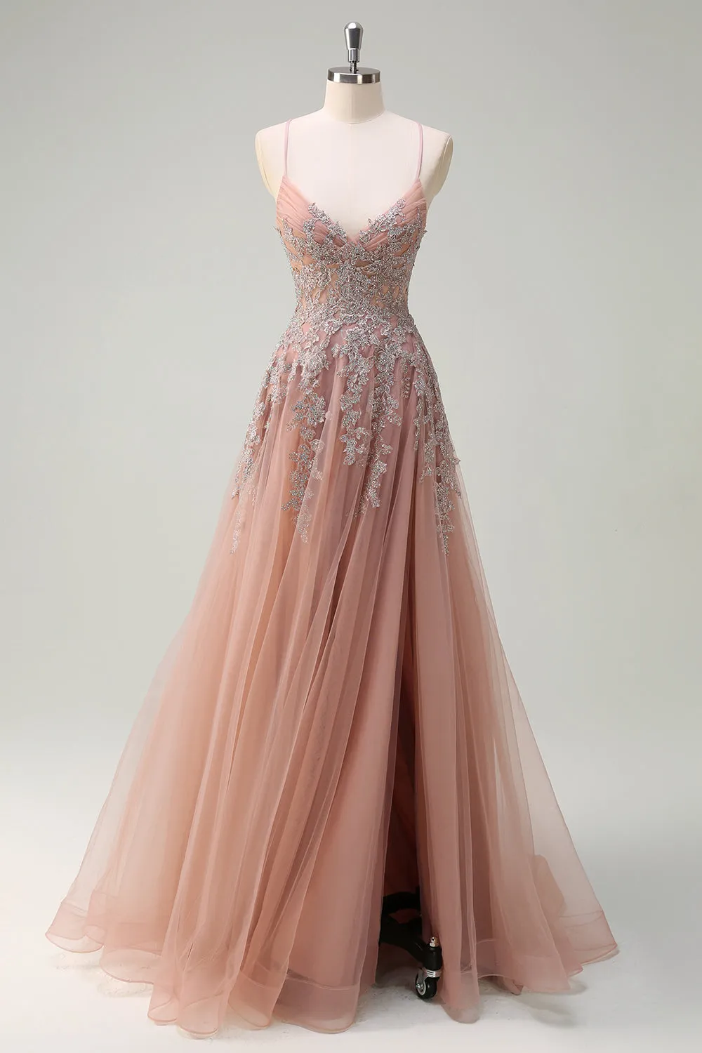 Blush A Line Appliqued Slit Prom Dress with Lace-up Back