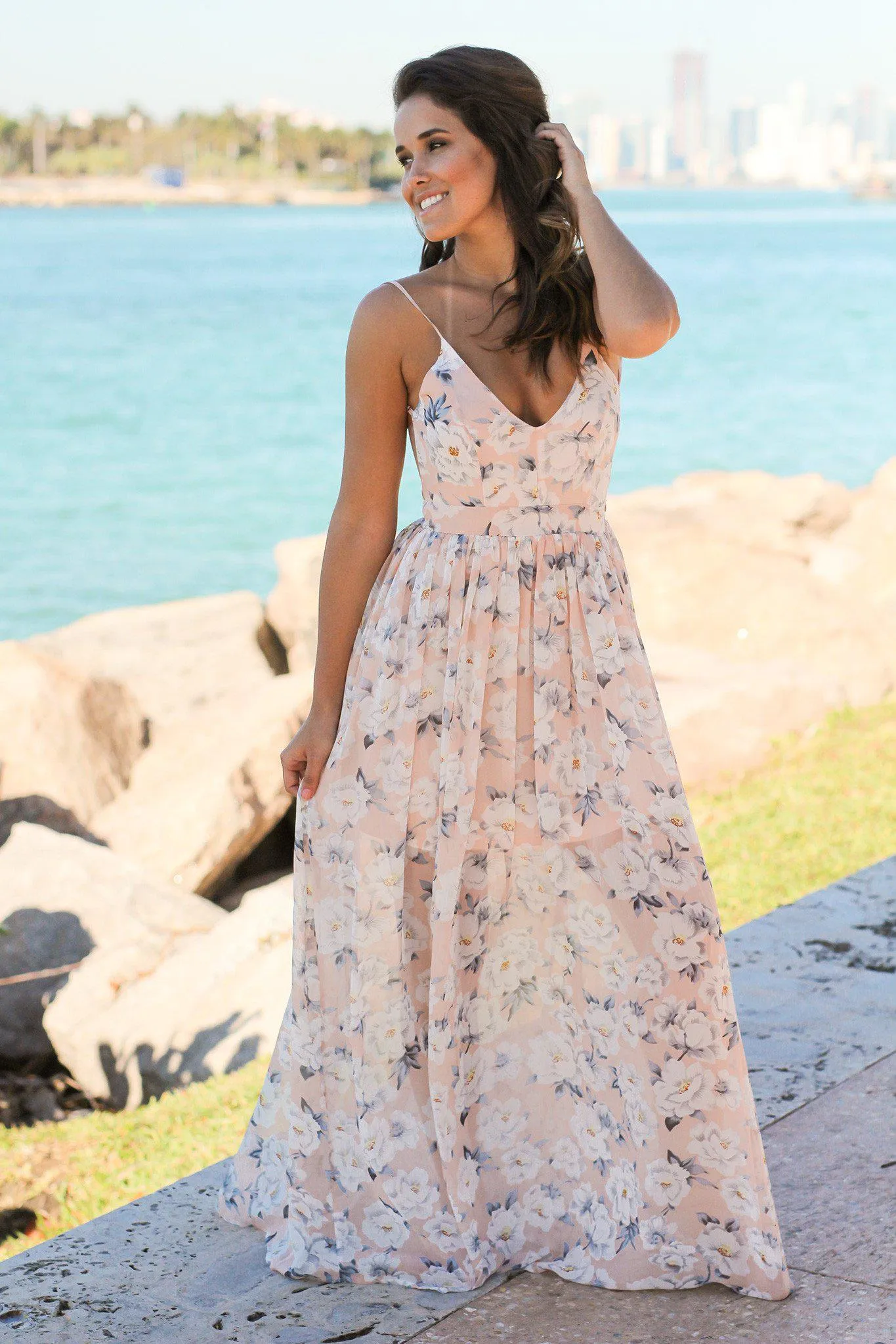 Blush Floral Maxi Dress with Open Back