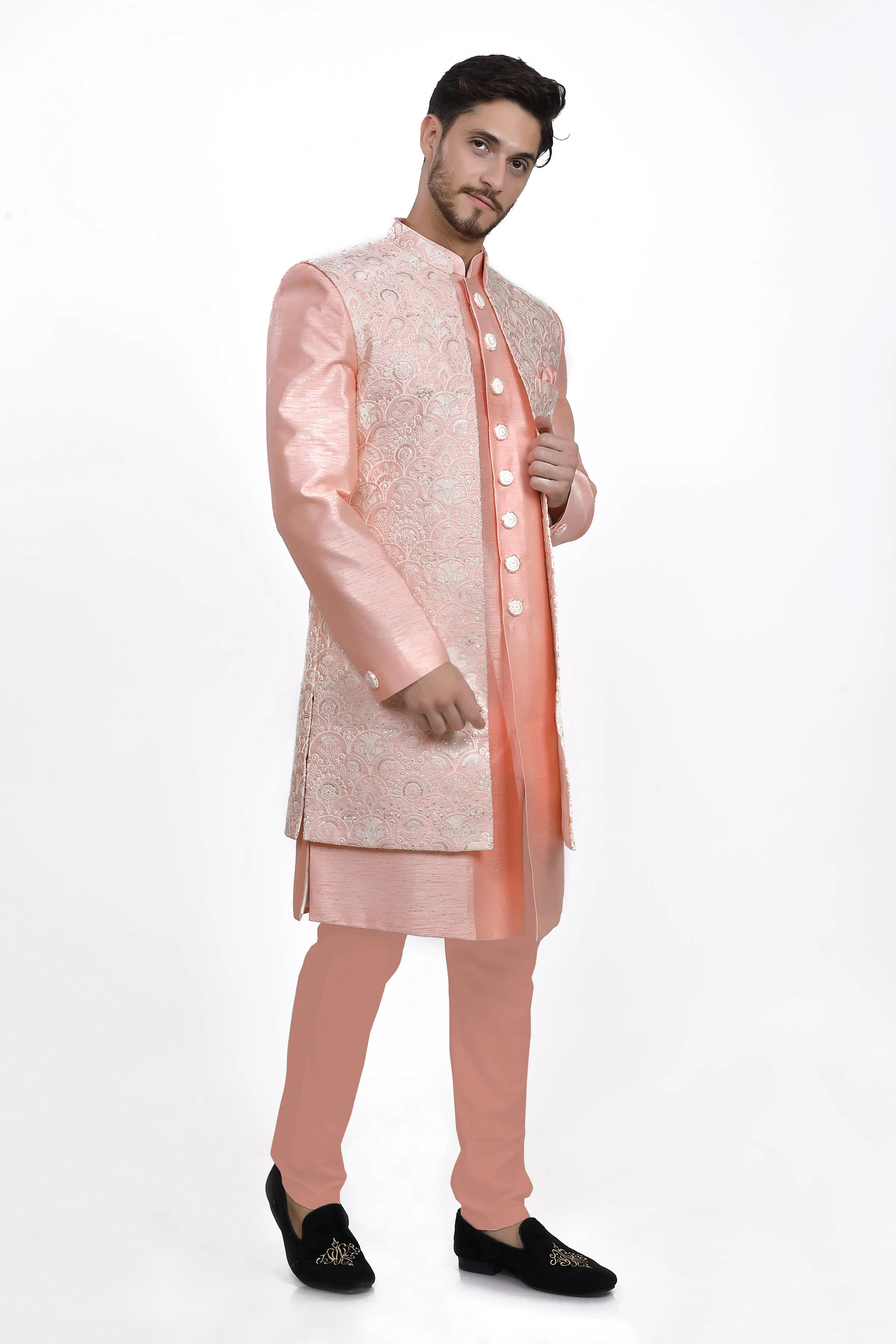 Blush peach mens kurta jacket and pyjama set