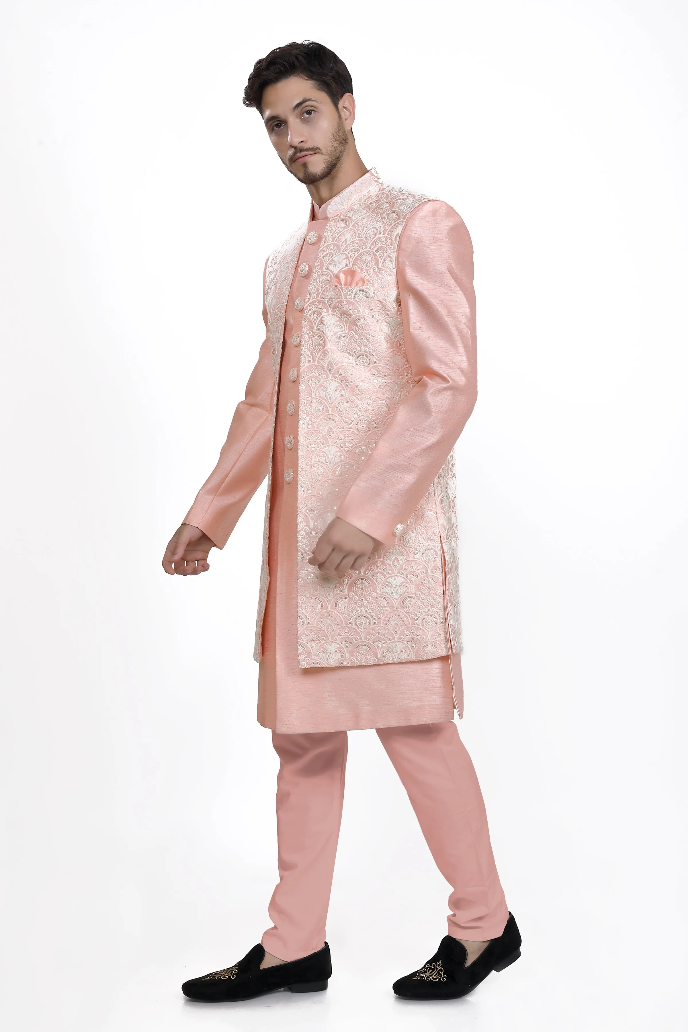 Blush peach mens kurta jacket and pyjama set