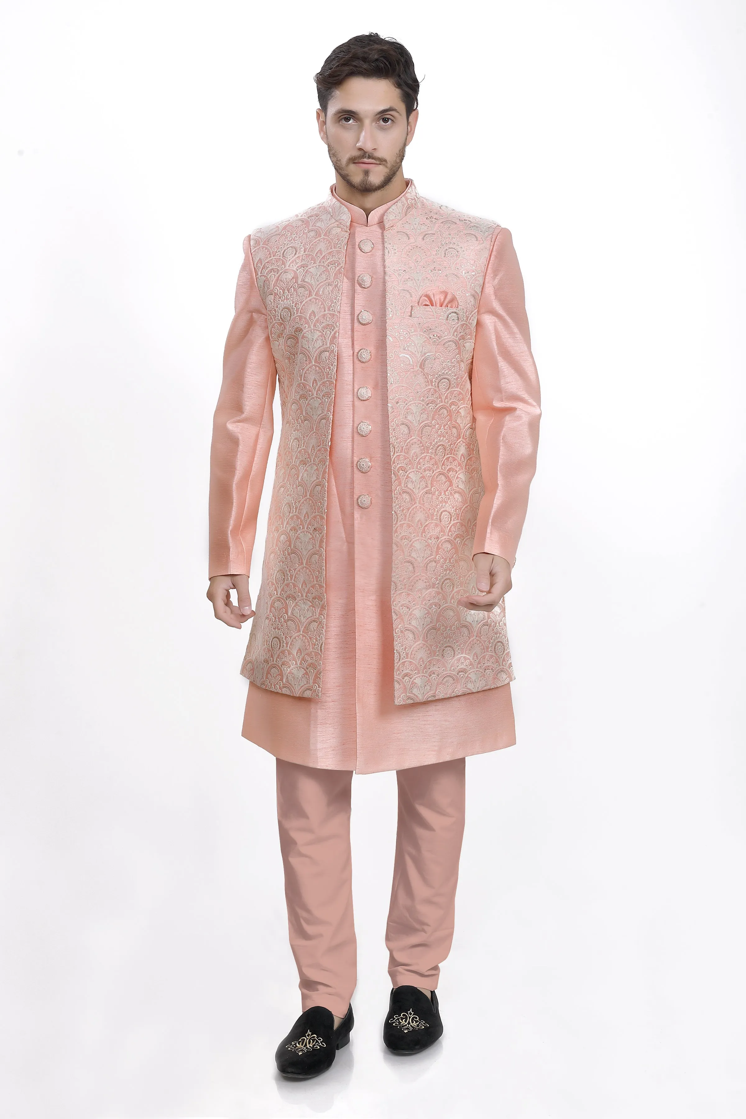 Blush peach mens kurta jacket and pyjama set