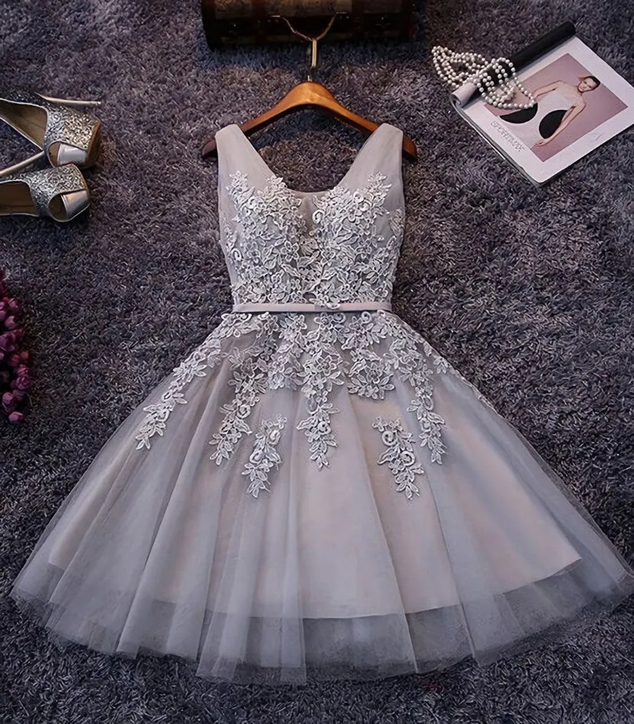 Blush Pink Lace Appliqued Tulle Homecoming Dresses,Formal Dress