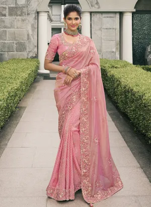 Blush Pink Multi Embroidery Tissue Silk Saree