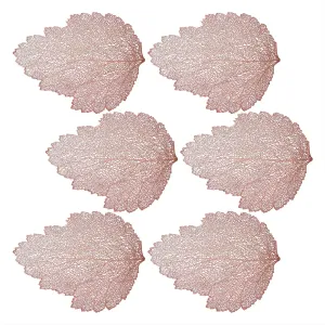 Blush Rose Gold Metallic Fall Leaf Placemats - 18 Inch Non-Slip Vinyl Dining Table Charger Home Decor (Set of 6)