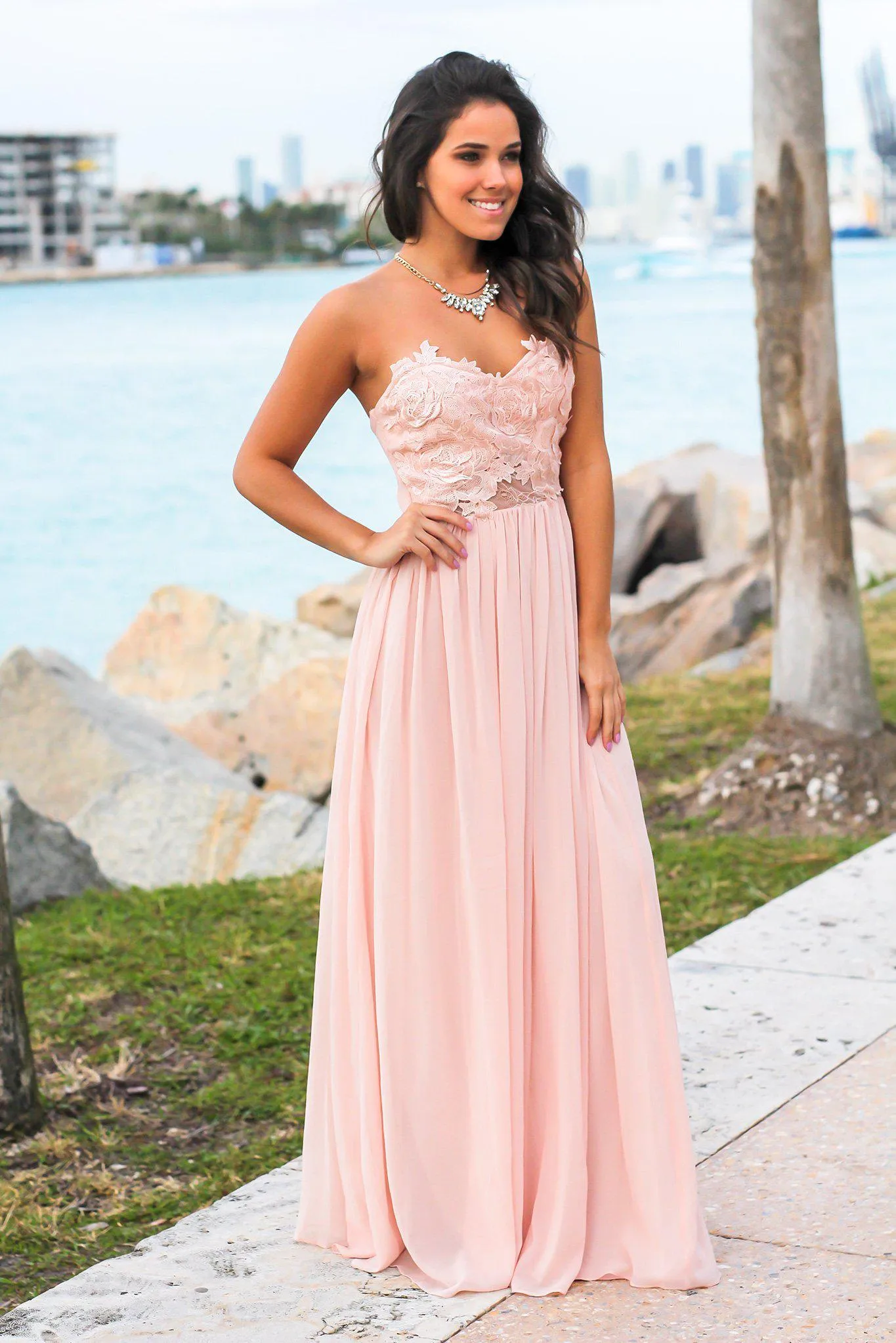 Blush Strapless Maxi Dress with Crochet Top