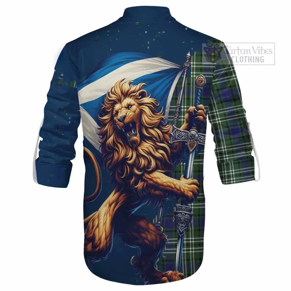 Blyth Tartan Family Crest Ghillie Kilt Shirt with Scottish Majestic Lion