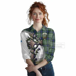 Blyth Tartan Women's Casual Shirt with Family Crest and St. Andrew's Cross Accented by Thistle Vines