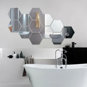 Bnezz -12 Hexagon Mirror Wall Stickers for Wall Size (10.5x12.1) Cm Acrylic Mirror for Wall Stickers for Bedroom | Bathroom | Kitchen | Living Room Decoration Items (Pack of -Z-12HexaSilver) Silver