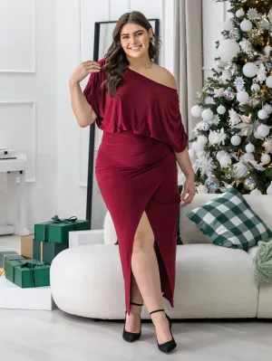 Boat Neck Batwing Sleeve Slit Plus Size Maxi Dress